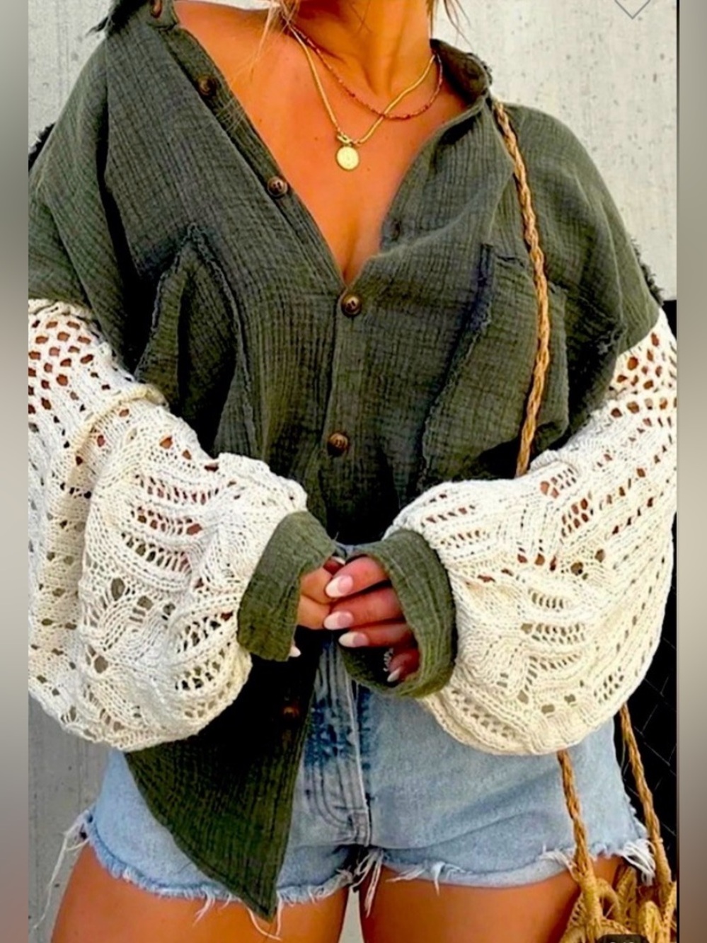 Private Label Olive Green Button-Front Top with Cream Crochet Balloon Sleeves